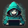 ÃÂ¡ute girl hacker with laptop. Avatar in cartoon style. Generative Ai